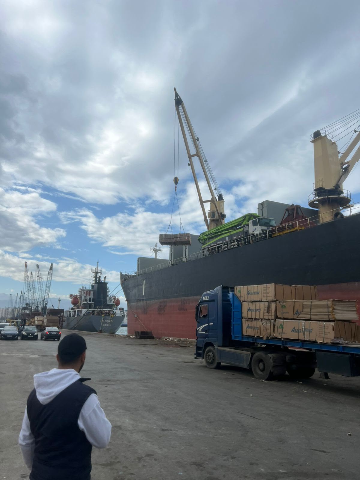 Vessel discharging timber onto a flatbed truck