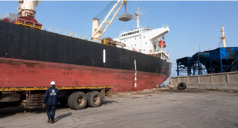 Truck alongside a vessel hull receiving cargo